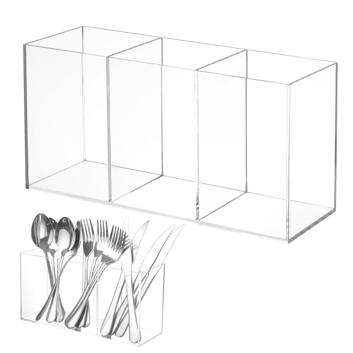 Rainmae 2Pack Acrylic Cutlery Storage Organizer, Plastic Cutlery Utensil Holder Storage Organizer Caddy for Kitchen Countertop Organization - Holds Fork, Knife, Spoon, Silverware Tableware Storage Box