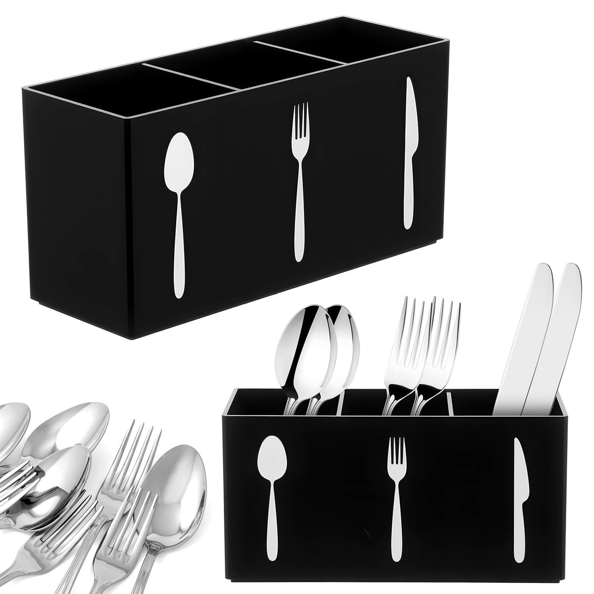 Cutlery Storage Organizer Silverware Caddy Utensil Holder Countertop Knife Spoon and Fork Organizer Kitchen 3 Section Tableware Storage Box Indoor Outdoor Party Tableware Holder (Black)