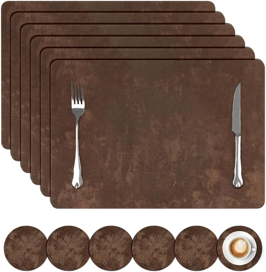 comfoyar Faux Leather Placemats with Coasters Set of 6, 12x17 Inch Heat Resistant Dual-Sided Imitation Velvet Dark Brown Place Mats, Waterproof Wipeable Table Mats for Kitchen Dining Party Decoration