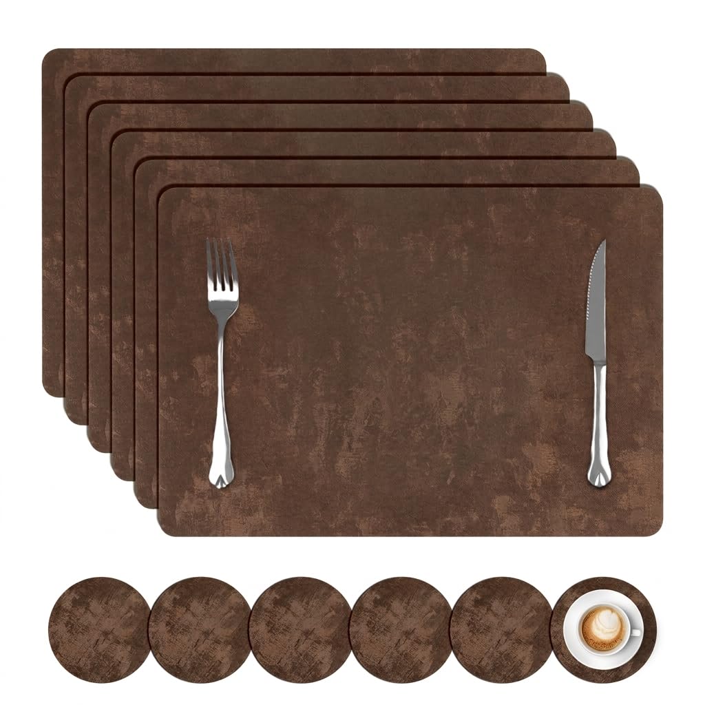 comfoyar Faux Leather Placemats with Coasters Set of 6, 12x17 Inch Heat Resistant Dual-Sided Imitation Velvet Dark Brown Place Mats, Waterproof Wipeable Table Mats for Kitchen Dining Party Decoration
