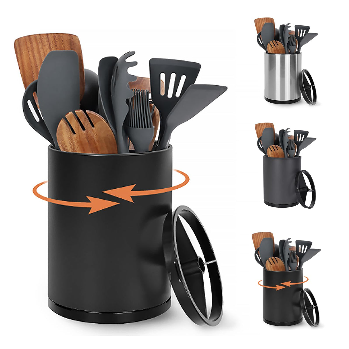 Nigelia Extra Large Kitchen Utensil Holder, 360° Rotating Stainless Steel Cooking Utensil Holder for Countertop, 3 Compartment Flatware Organizer & Cooking Caddy with Removable Base（Silvery）