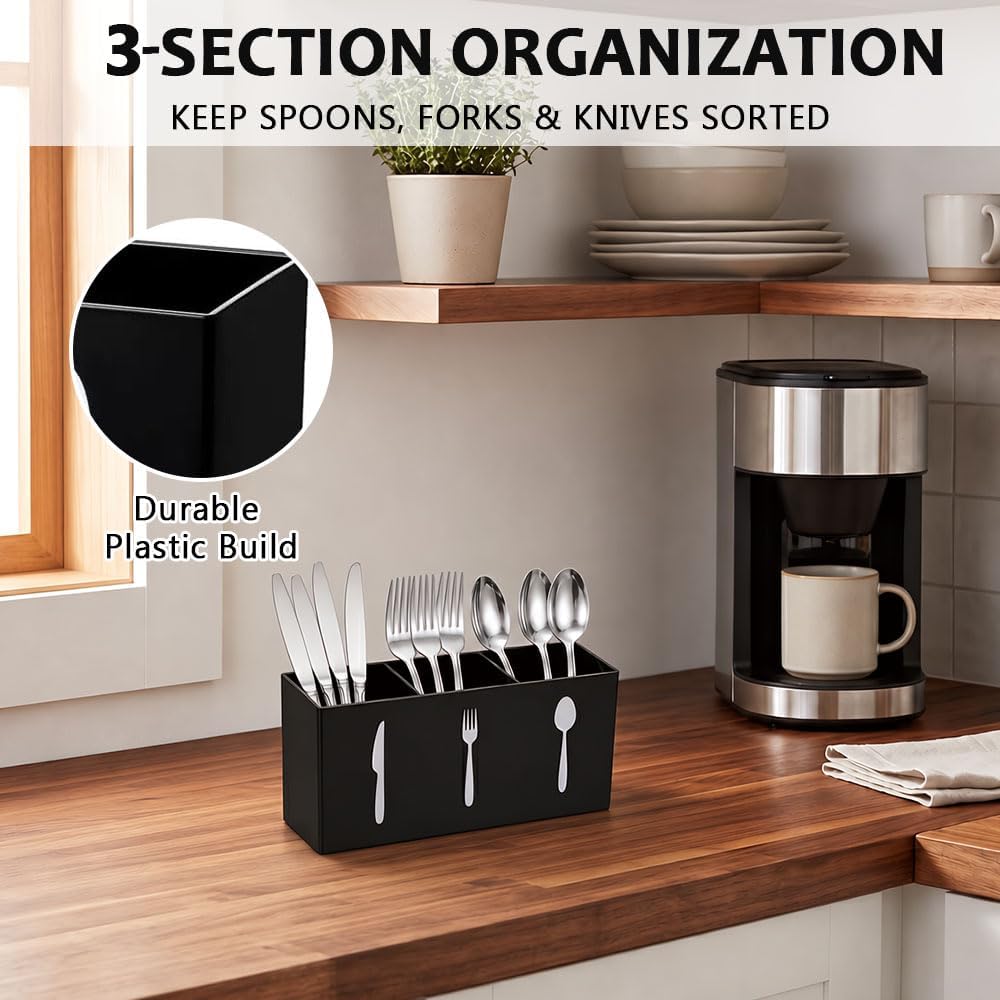Cutlery Storage Organizer, 3-Section Utensil Holder, 6.9in Silverware Caddy for Spoon Fork Knife, Kitchen Countertop Organizer, Black
