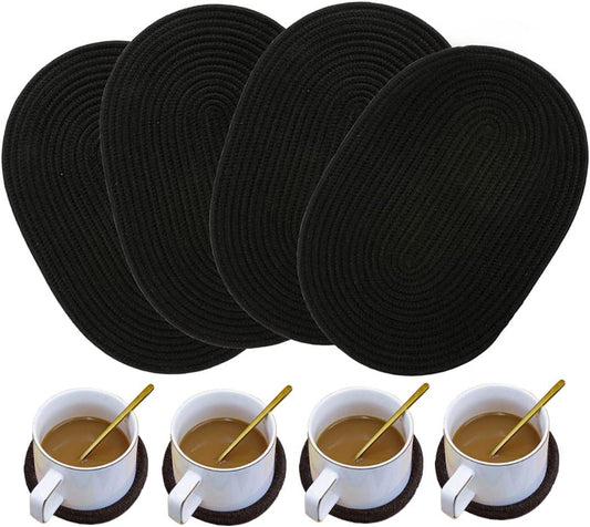 4 Pack Oval Woven Placemats and Set of 4 Round Fabric Coasters, Heat-Resistant Non-Slip Tablemats Woven Washable Charger Plates for Table Decoration (Black)