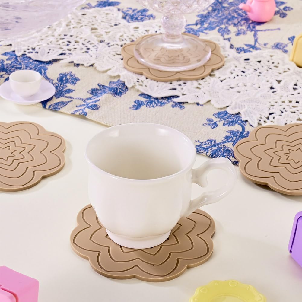 4Pcs Flower Cup Mats for Cold Hot Drinks, Patterned Silicone Coasters Non Slip Heat Resistant Placemats Washable Coffee Tea Mug Mat Pads for Office Home Kitchen Bar Table Protection, Tan