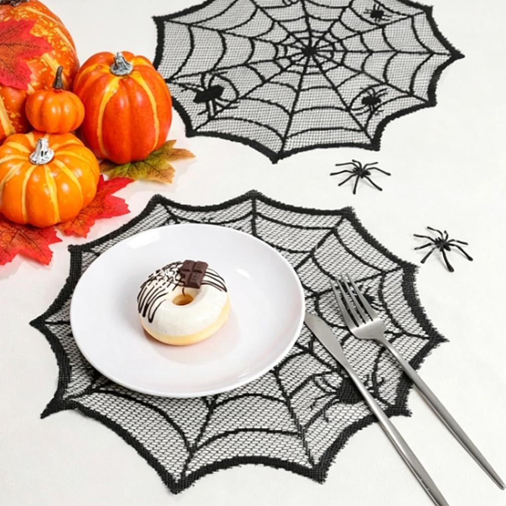 4 Pcs Halloween Spider Wed Placemats 12inch Black Round Lace Gothic Table Mats Hollow Out Spiderweb Coasters for Halloween Kitchen Table Decoration