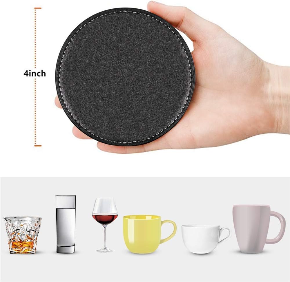 Coasters for Drinks, Thipoten Leather Coasters with Holder, Protect Furniture from Damage(6PCS, Black)