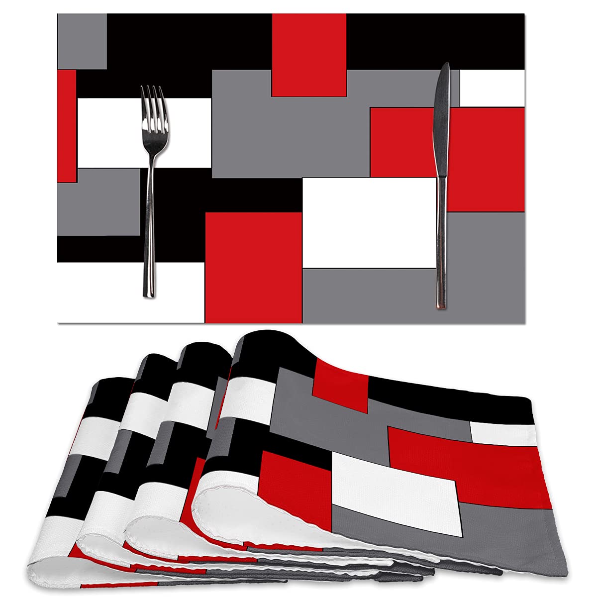 Blue Grey Black White Placemats Set of 4,Geometric Square Table Place Mats Waterproof Burlap Washable Dining Placemats for Home Kitchen Decorations (Blue Black, 12" Wx18 L)