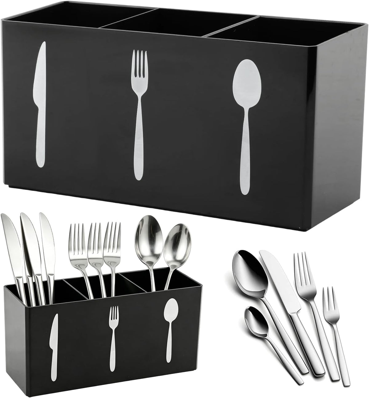 Silverware Holder, 3-Section Countertop Organizer, Black