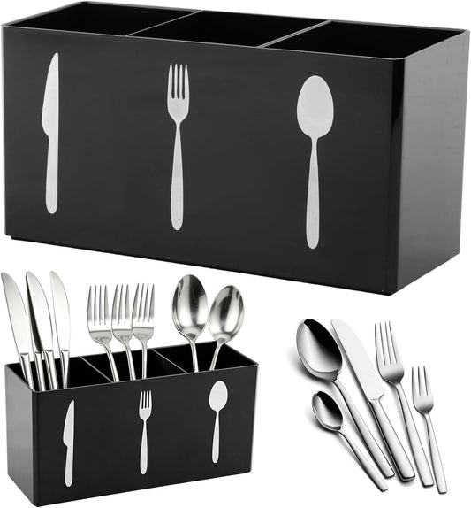 Silverware Holder, 3-Section Countertop Organizer, Black