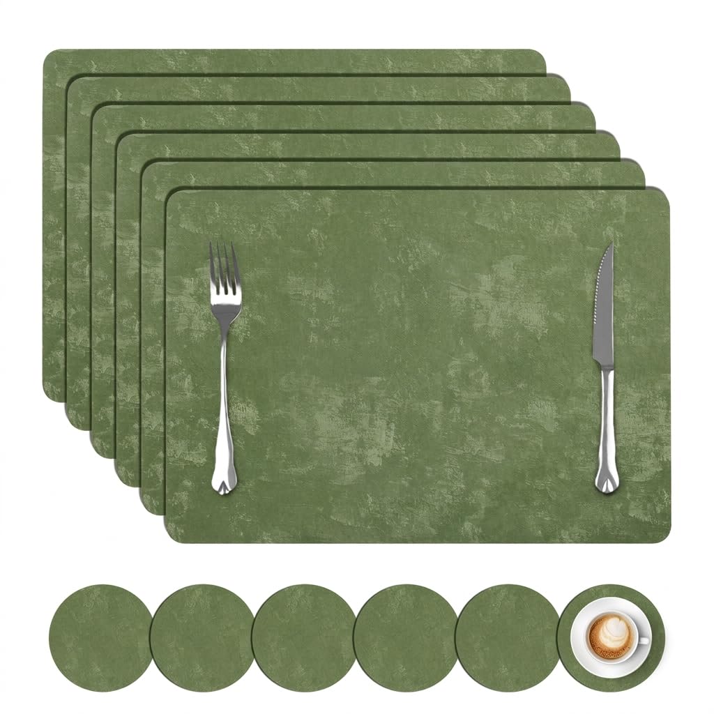 comfoyar Faux Leather Placemats with Coasters Set of 6, 12x17 Inch Heat Resistant Dual-Sided Imitation Velvet Dark Brown Place Mats, Waterproof Wipeable Table Mats for Kitchen Dining Party Decoration
