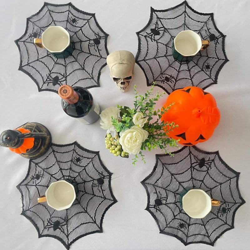 4 Pcs Halloween Spider Wed Placemats 12inch Black Round Lace Gothic Table Mats Hollow Out Spiderweb Coasters for Halloween Kitchen Table Decoration