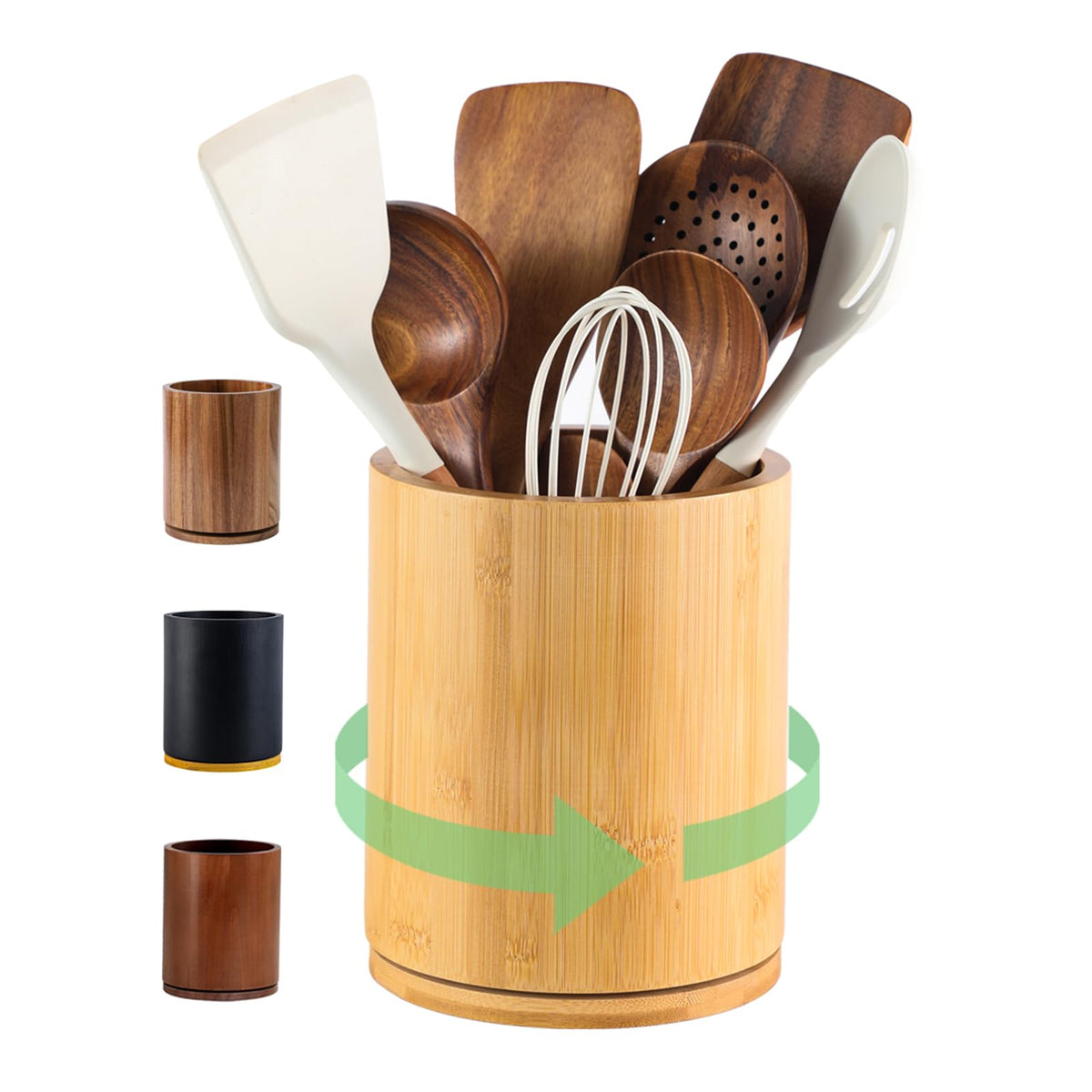 Acacia Wood Utensil Holder, 360° Rotating 7.3 in Kitchen Organizer