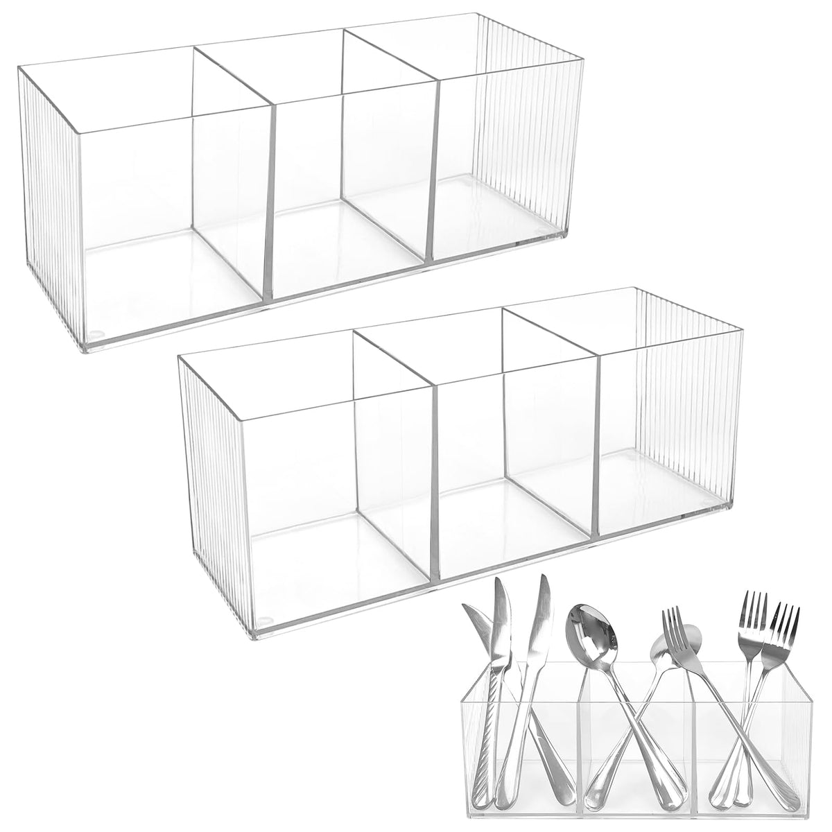 Rainmae 2Pack Acrylic Cutlery Storage Organizer, Plastic Cutlery Utensil Holder Storage Organizer Caddy for Kitchen Countertop Organization - Holds Fork, Knife, Spoon, Silverware Tableware Storage Box