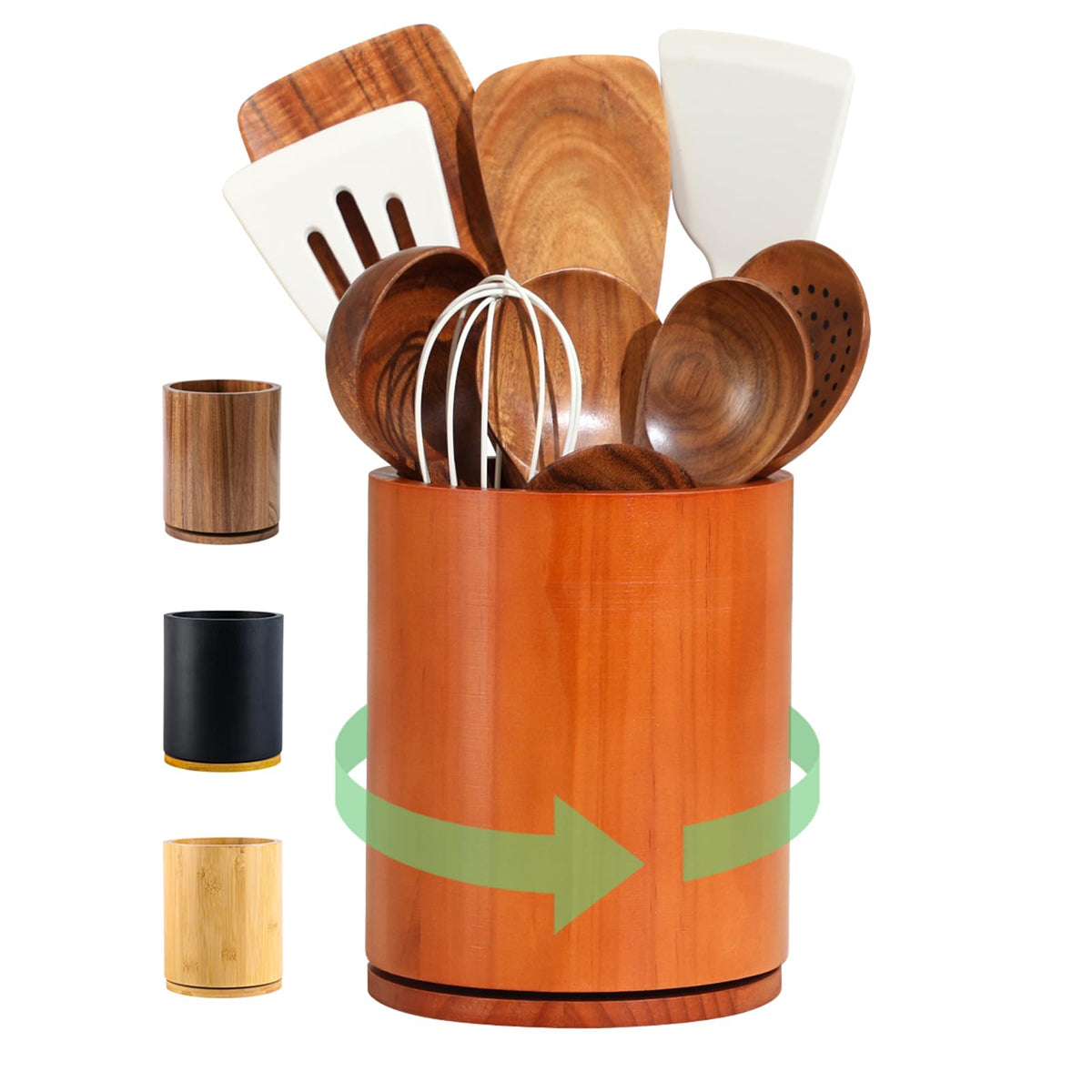 Acacia Wood Utensil Holder, 360° Rotating 7.3 in Kitchen Organizer