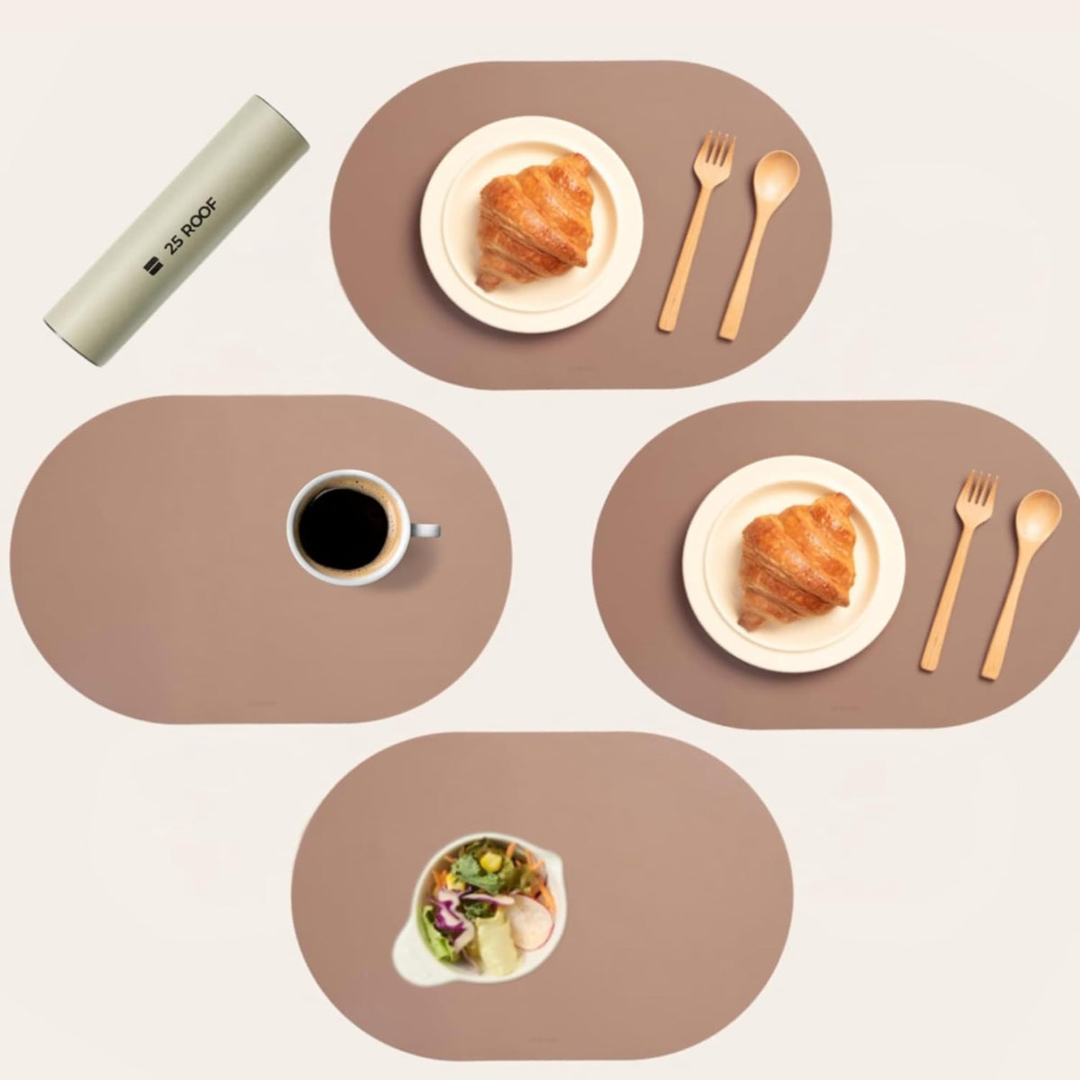 Oval Silicone Placemats – Heat Resistant, Waterproof, Easy to Clean Non-Slip Modern Dining Table Mats – Premium Leather Textured Japandi Kitchen Decor, Chifon Beige, 4, Without Coasters