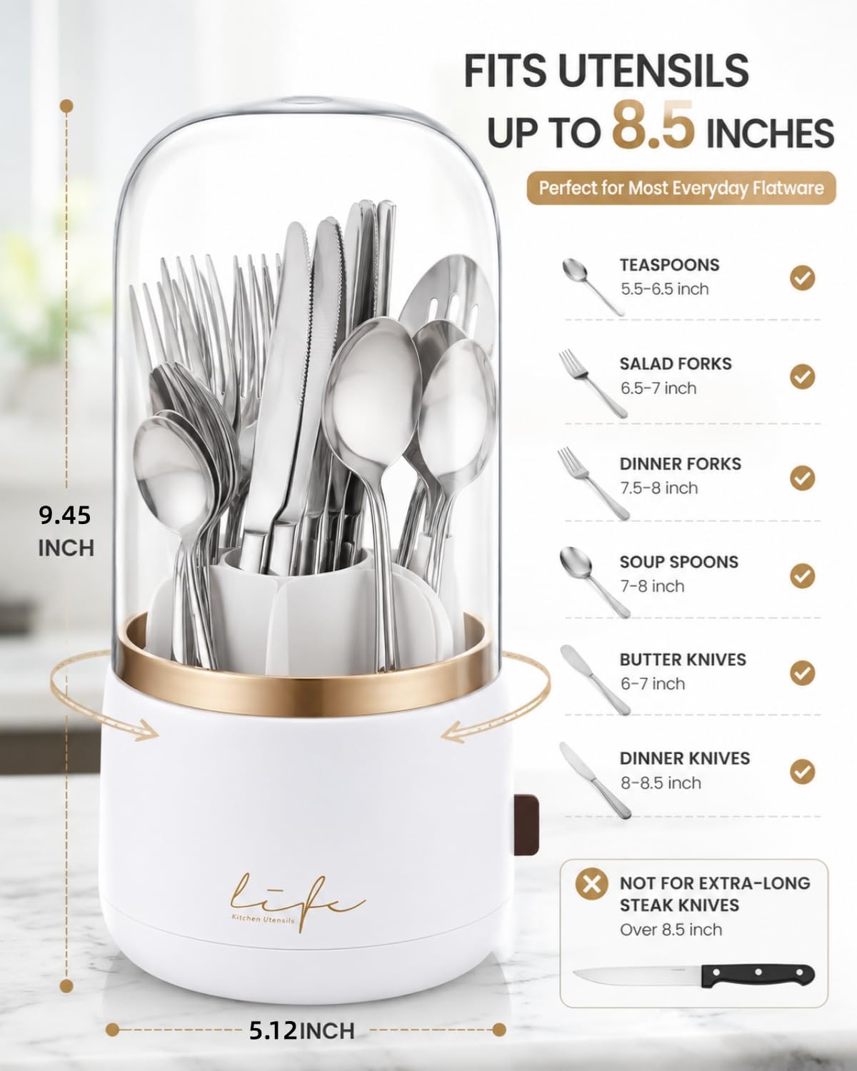 Silverware Organizer with Lid, 360° Rotation Utensil Holder for Kitchen Counter, Silverware Caddy for Party, 7 Slots Fits Standard Utensils & Most Steak Knives Up to 8.5 Inches(White)