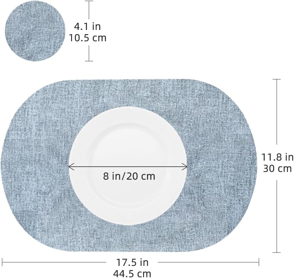 Oval Table Mats Set of 6, Faux Leather Placemats, Heat Resistant & Waterproof(Blue)