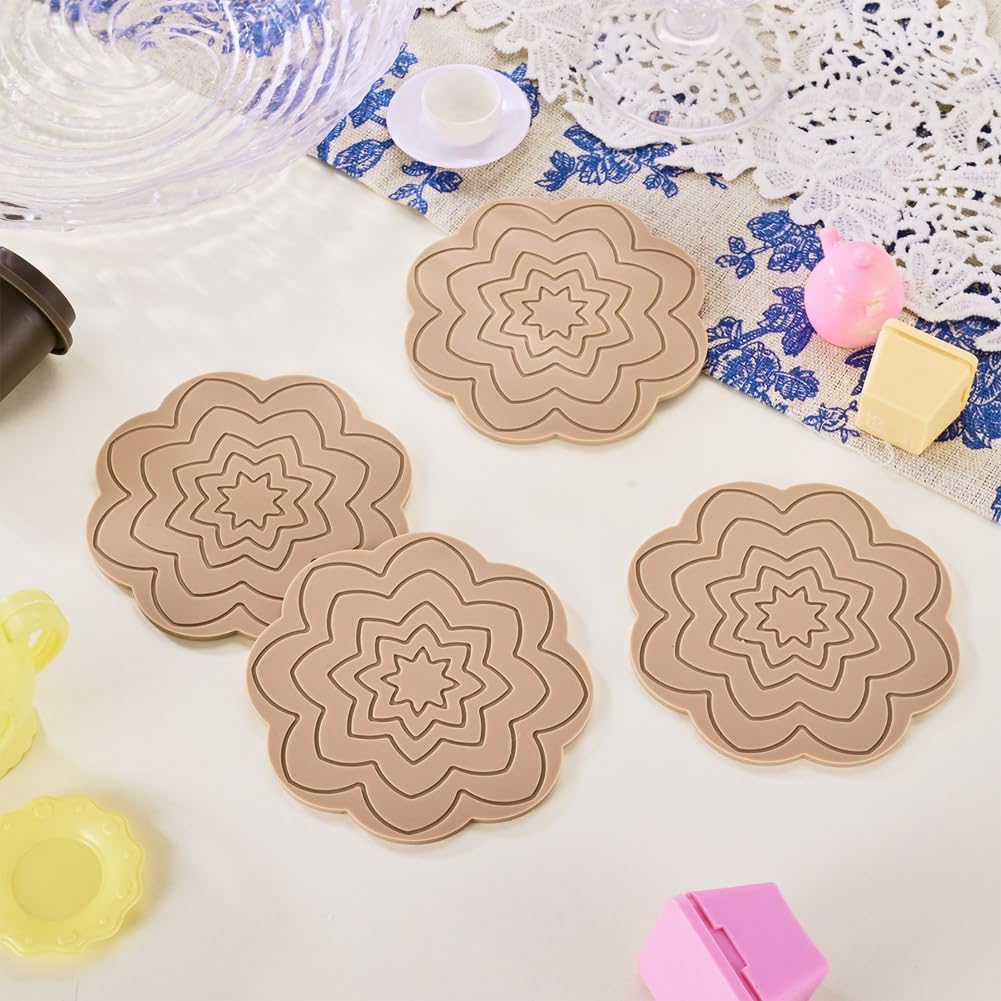 4Pcs Flower Cup Mats for Cold Hot Drinks, Patterned Silicone Coasters Non Slip Heat Resistant Placemats Washable Coffee Tea Mug Mat Pads for Office Home Kitchen Bar Table Protection, Tan