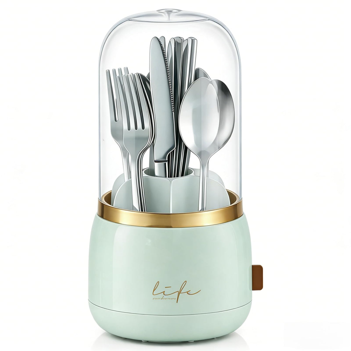 Silverware Organizer with Lid, 360° Rotation Utensil Holder for Kitchen Counter, Silverware Caddy for Party, 7 Slots Fits Standard Utensils & Most Steak Knives Up to 8.5 Inches(White)