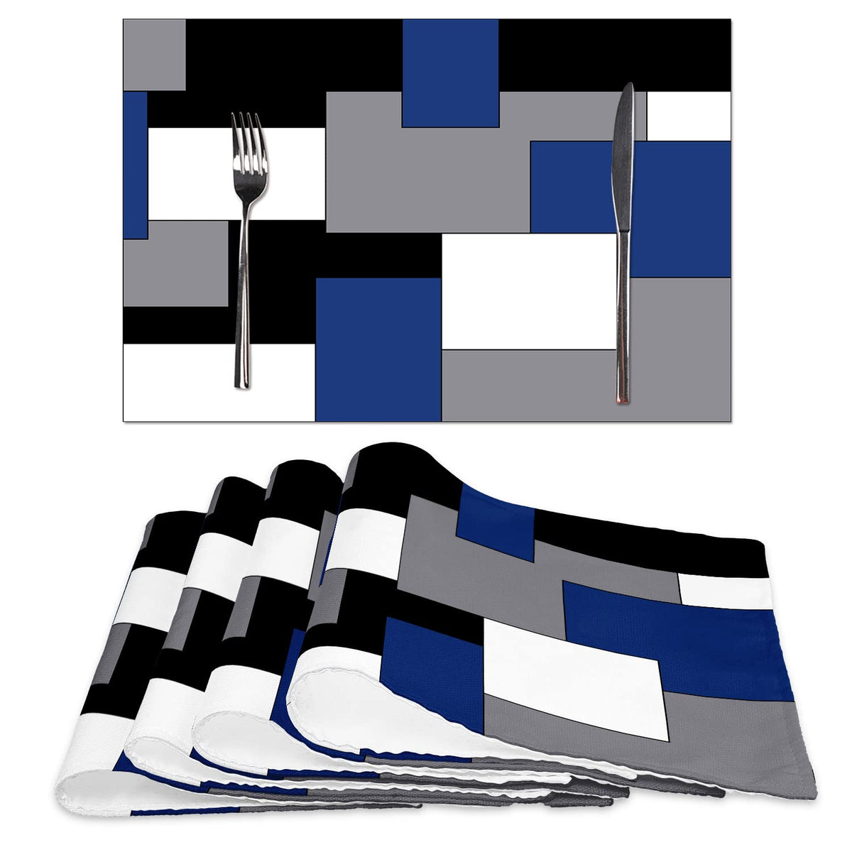 Blue Grey Black White Placemats Set of 4,Geometric Square Table Place Mats Waterproof Burlap Washable Dining Placemats for Home Kitchen Decorations (Blue Black, 12" Wx18 L)
