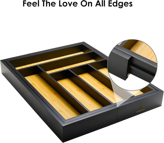 Bamboo drawer organizer, utensil holder, silverware organizer, and adjustable cutlery tray with drawer dividers, for kitchen, office desk, and bathroom storage (Black)