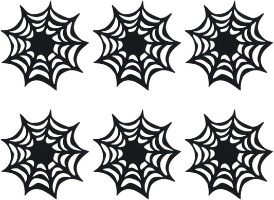 SHOWERORO Halloween Cobweb Coasters Set of 6 Black Felt Spider Web Placemats Heat Resistant Drink Coasters for Party Table Protection and Seasonal Decoration