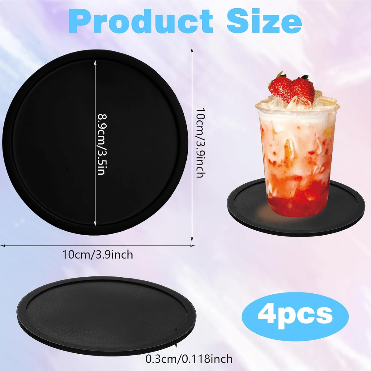 4pcs Silicone Drink Coasters, Non Slip Round Black Table Pads Desk Coasters Anti Stain & Heat Resistant Rubber Cushion Mat for Office Desk Kitchen Beverage Bar Coffee Tea