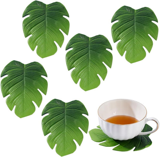 AHANDMAKER 6 PCS Green Monstera Leaves Coasters Jungle Plant Coasters Imitation Plants Coasters for Drinks Coffee Place Mats for Housewarming Home Decor