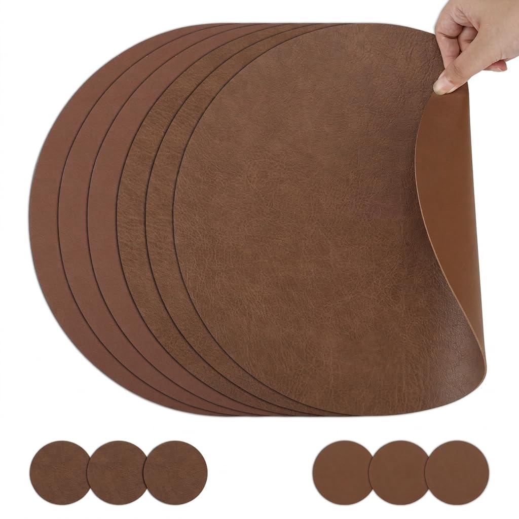 comfoyar Faux Leather Round Placemats with Coasters Set of 6, 13Inch Heat Resistant Dual-Sided Dark Brown Place Mats, Waterproof Washable Wipeable Table Mats for Kitchen Dining Party Table Decoration