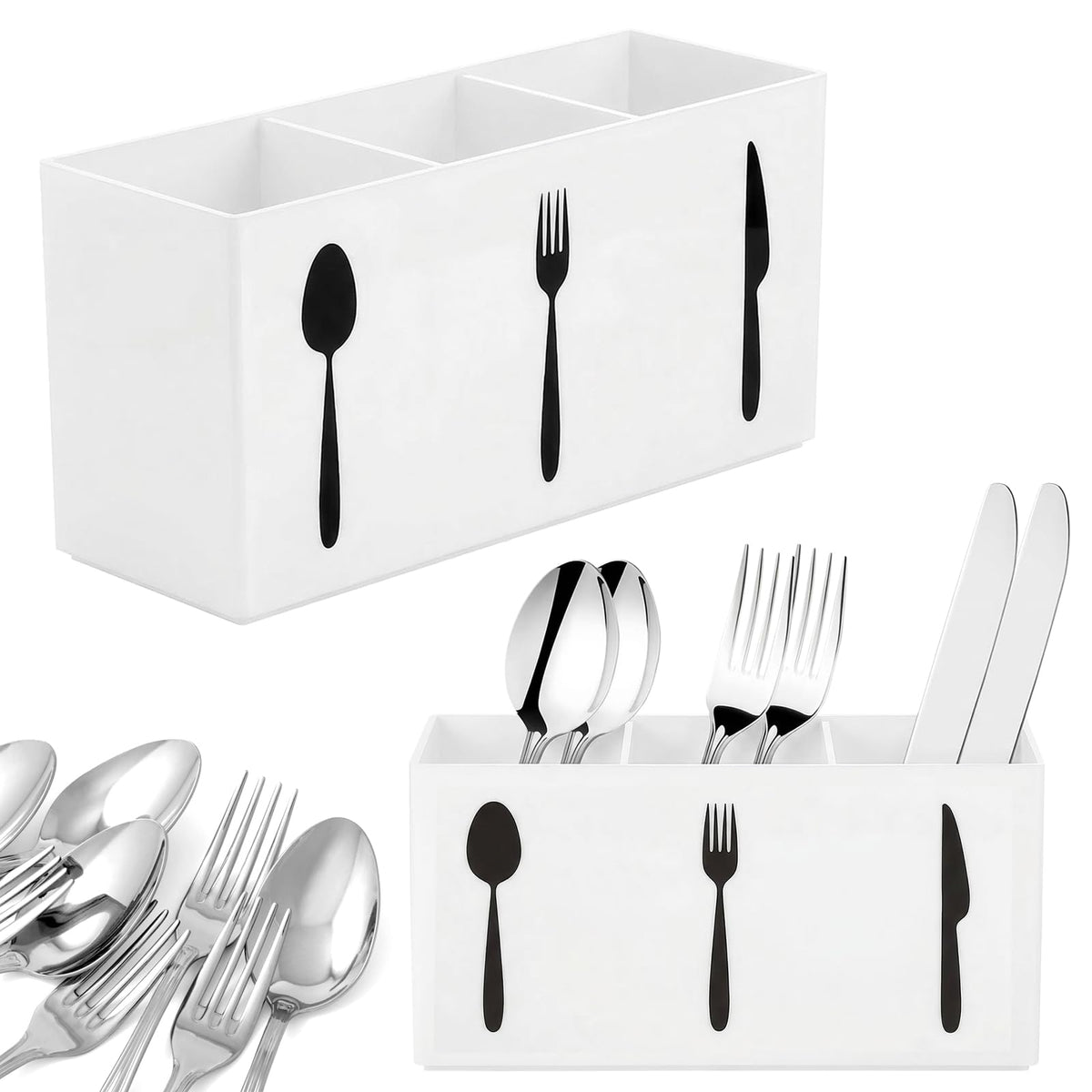 Cutlery Storage Organizer Silverware Caddy Utensil Holder Countertop Knife Spoon and Fork Organizer Kitchen 3 Section Tableware Storage Box Indoor Outdoor Party Tableware Holder (Black)