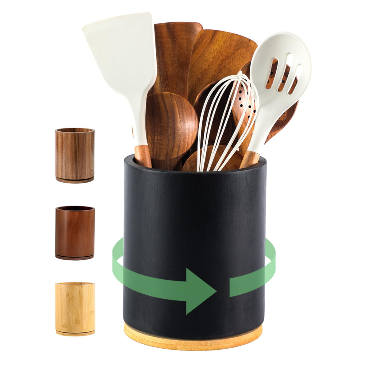 Acacia Wood Utensil Holder, 360° Rotating 7.3 in Kitchen Organizer