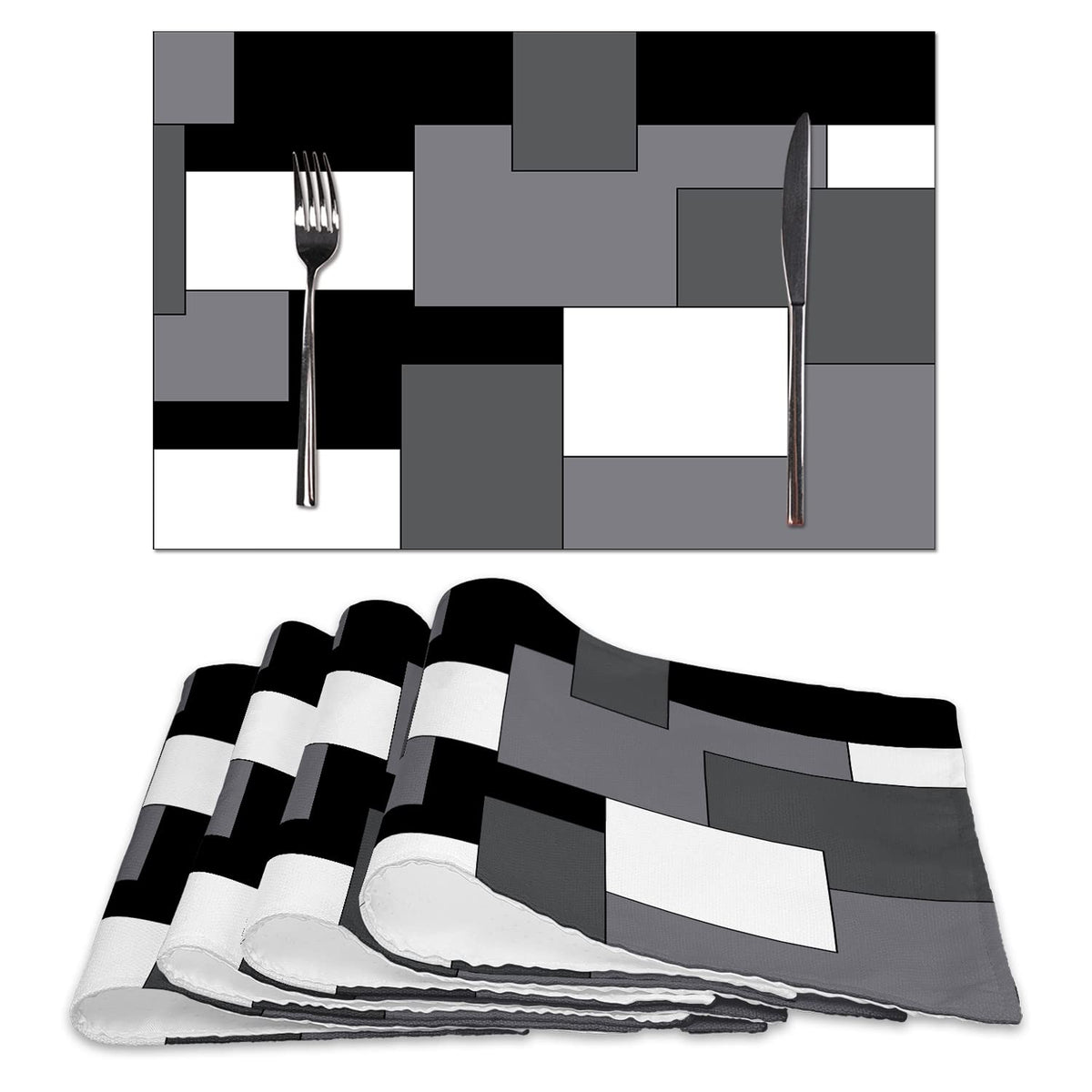 Blue Grey Black White Placemats Set of 4,Geometric Square Table Place Mats Waterproof Burlap Washable Dining Placemats for Home Kitchen Decorations (Blue Black, 12" Wx18 L)