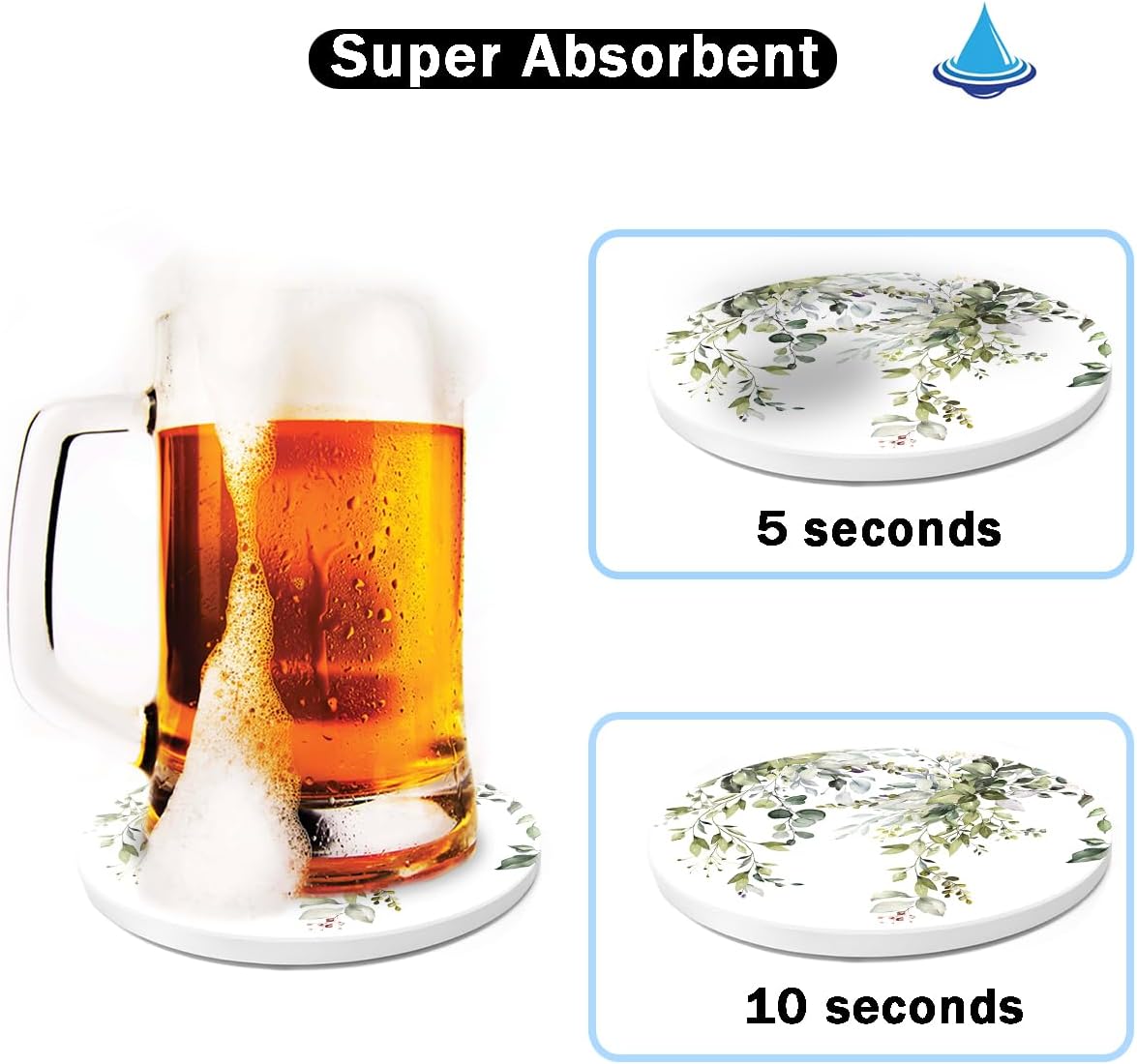 HOPONY Coasters for Drinks,6 Pieces Ceramic Stone Coaster Set with Metal Holder Stand, Cork Base,Absorbent Cups Place Mats for Home Decor Abstract Plants