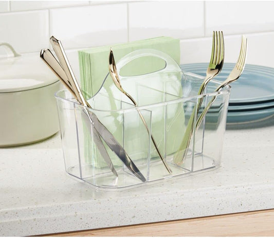 mDesign Plastic Cutlery Storage Organizer Caddy Bin Tote with Handle - Kitchen Cabinet Divided Pantry Basket for Forks, Knives, Spoons, Napkins, Indoor/Outdoor Use, Lumiere Collection, Clear