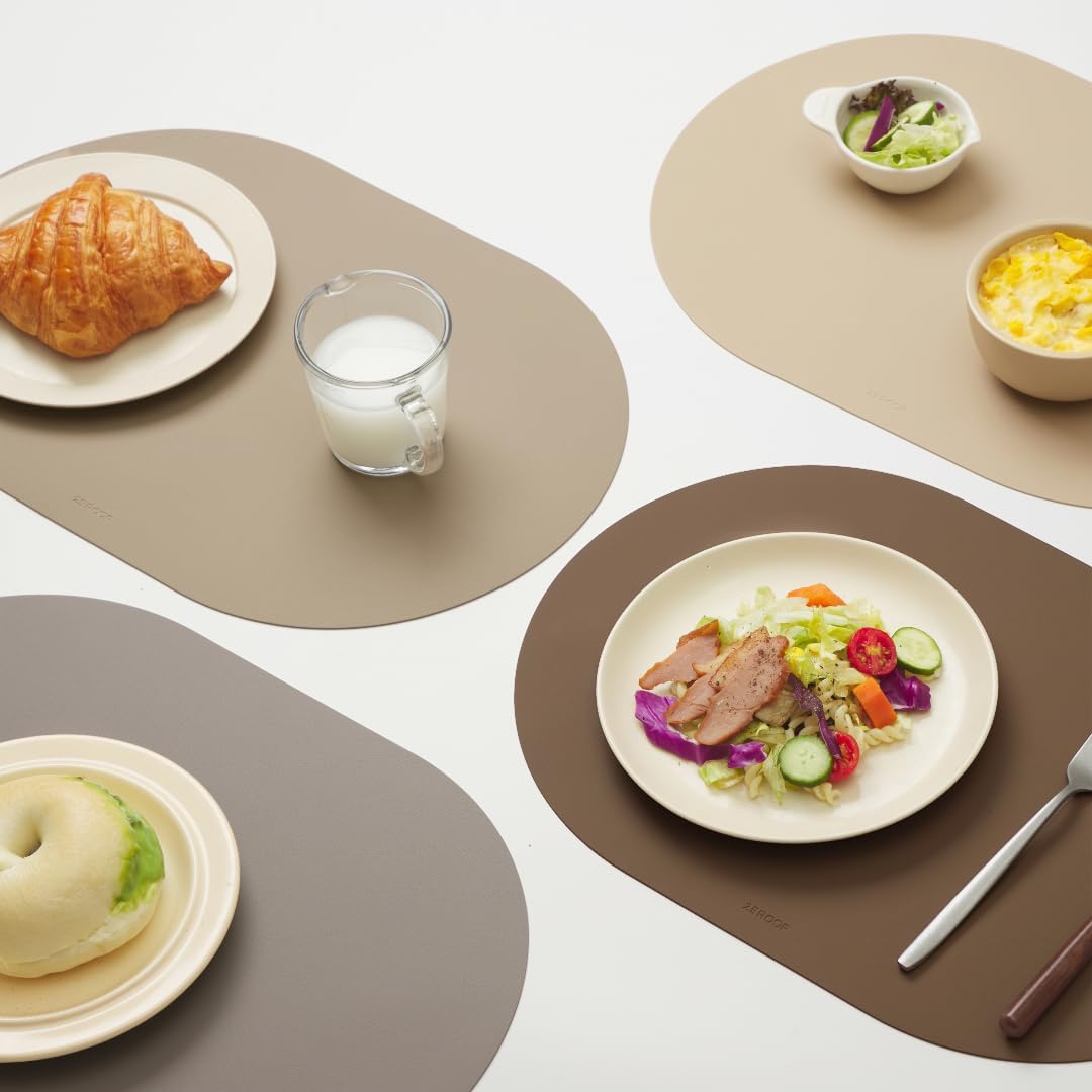 Oval Silicone Placemats – Heat Resistant, Waterproof, Easy to Clean Non-Slip Modern Dining Table Mats – Premium Leather Textured Japandi Kitchen Decor, Chifon Beige, 4, Without Coasters