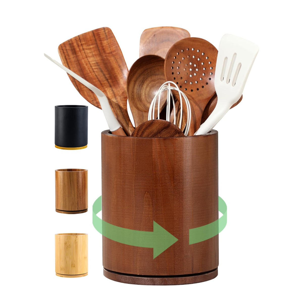 Acacia Wood Utensil Holder, 360° Rotating 7.3 in Kitchen Organizer