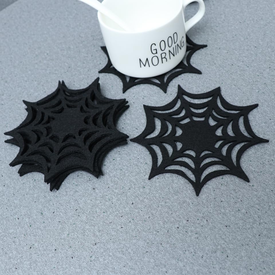 SHOWERORO Halloween Cobweb Coasters Set of 6 Black Felt Spider Web Placemats Heat Resistant Drink Coasters for Party Table Protection and Seasonal Decoration