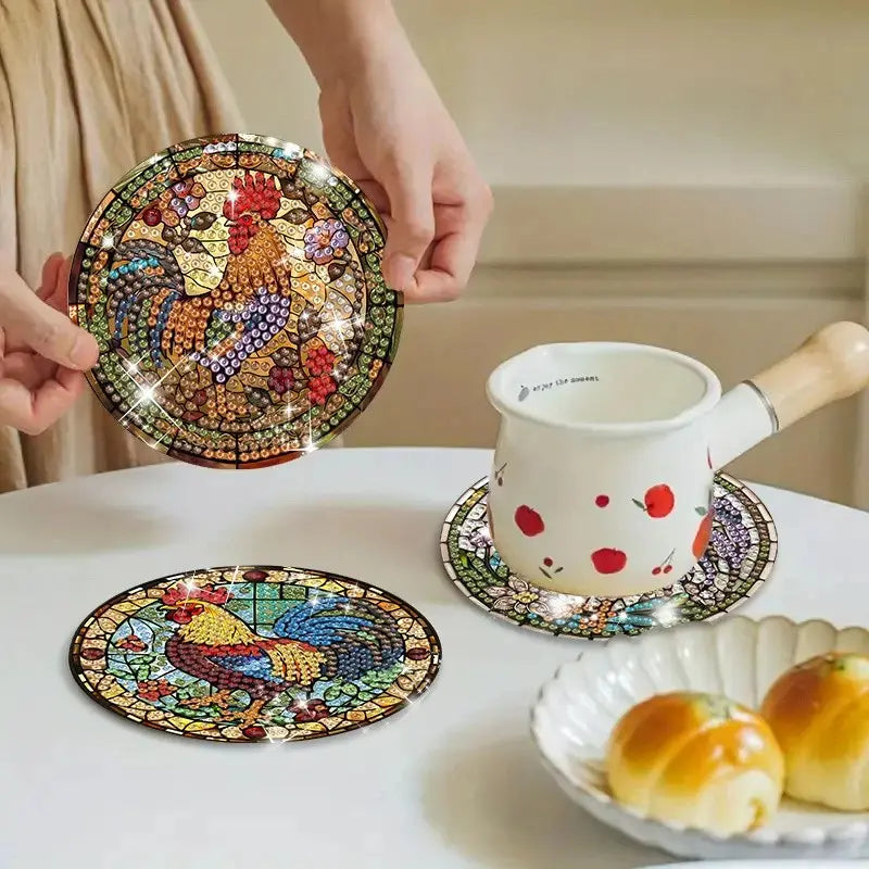 8 Piece Chicken Pattern Diamond Painting Coaster Set with Stand, Coffee Table Mat, Household Placemat, DIY Art Craft Kit for Beginners, Coasters For Drinks, Elegant Home Decor Gift