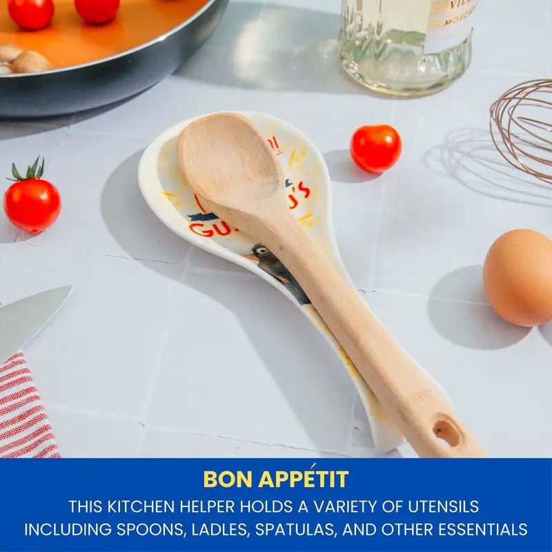 Disney Pixar Ratatouille Icon Collage "Bon Appetit" Ceramic Spoon Rest Holder, Microwave-Safe Kitchen Helper for Spoons, Ladles, Cutlery, Utensils