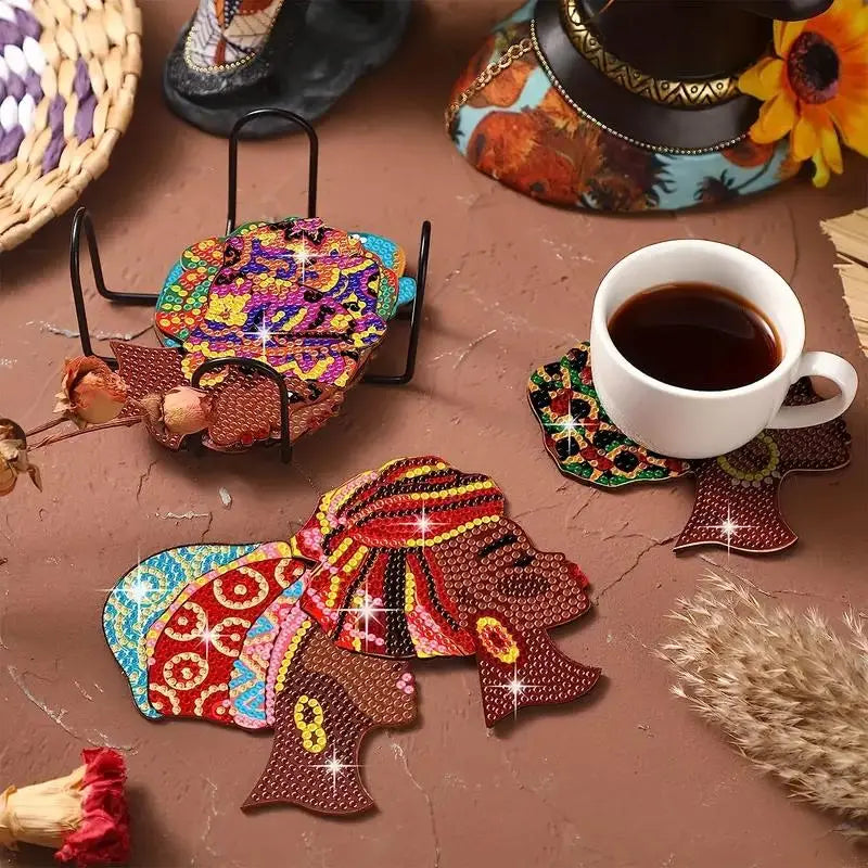 8-piece human figure women pattern artificial diamond painted coasters DIY Diamond Painting Coasters wooden table art coasters with stand, Wood Coaster Set, Decorative coaster, suitable for office coffee mats