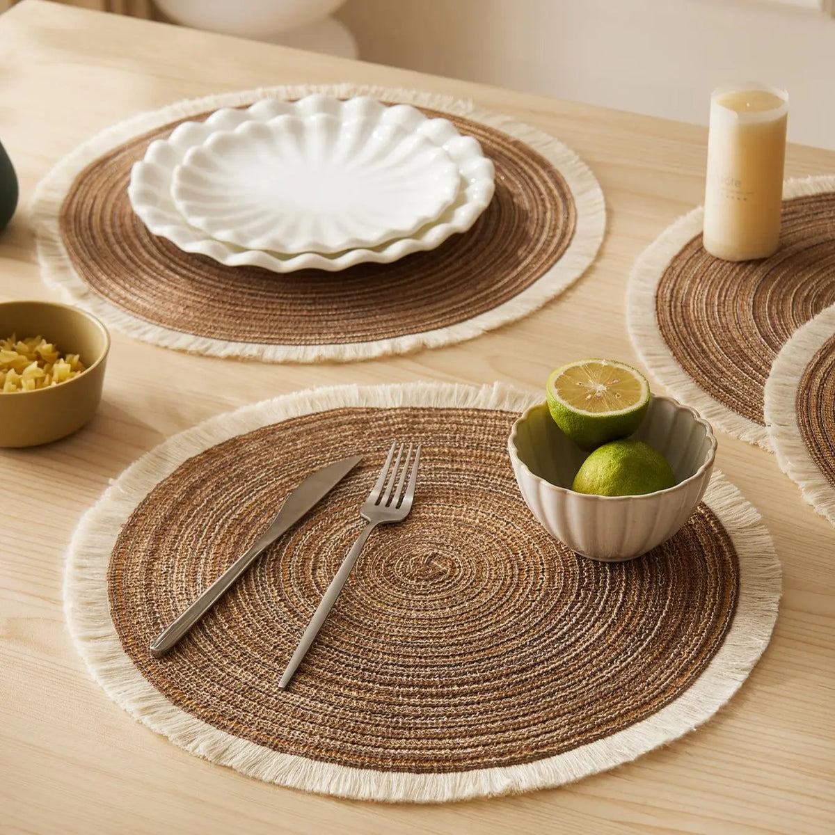 Round Boho Style Raffia Rope Placemat, 4 Counts/set Washable Table Mat, Coffee Table Mat, Decorative Place Mat, Boho Placemats Set for Home Kitchen Dining Room