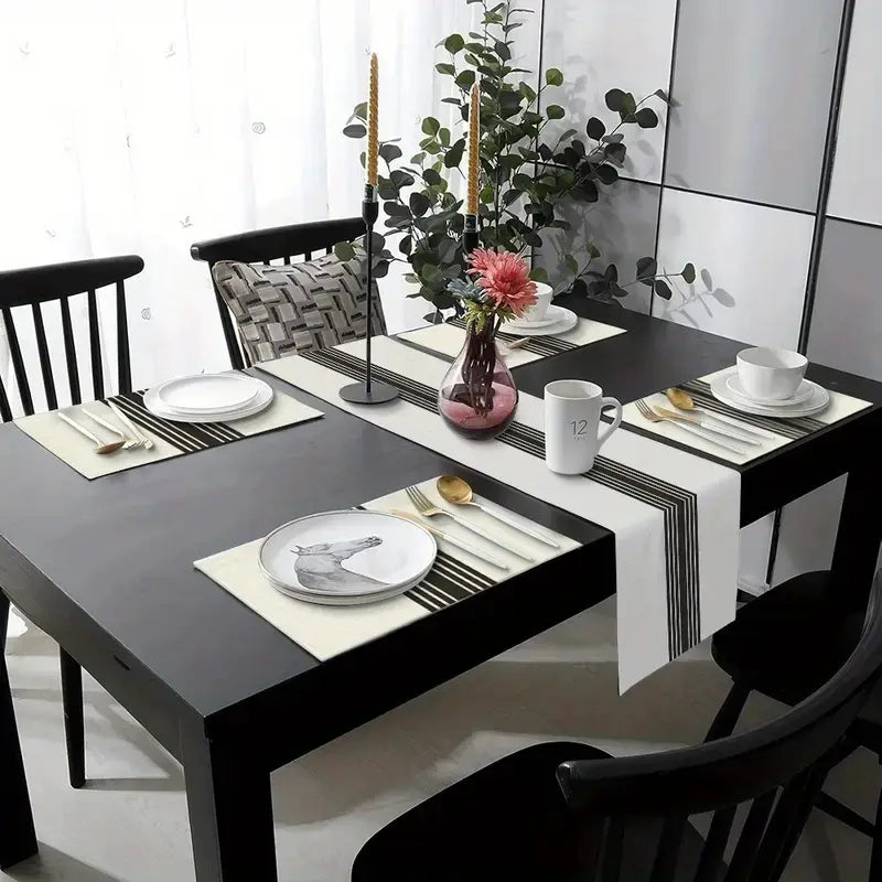 1 piece/5 piece set/7 piece table flag+Kitchen Decorative placemat set, Coasters, Rectangle, with black and white striped pattern design suitable for daily use in kitchens, dining tables, living rooms, weddings, indoor and outdoor homes, holiday gifts