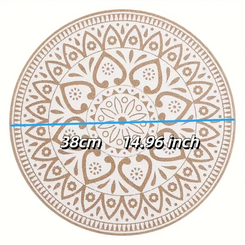 Bohemian Jute Print Round Non-Woven Fabric Table Placemats Set of 6 (15in) - Black PS Plastic-Linen Boho Placemats, Recyclable Machine-Washable Low-Fuss Home Supplies, Compact Storage French Country Decor