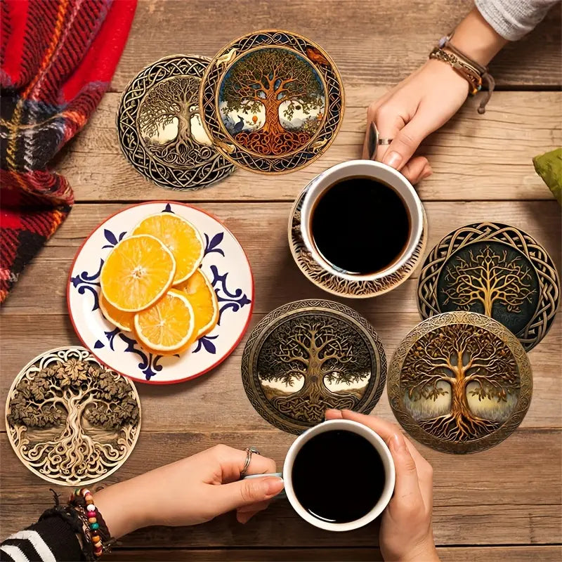 8 Pcs Tree of Life Coaster Set, Retro Carved Wooden Style Aesthetic Decorative Coaster Tableware Dinnerware Drink Mats Coasters for Drinks, Heatproof Cup Pads with Exquisite Pattern, Non-Slip Coasters for Coffee Cups, Tea Cups, Mugs Tabletop Protection