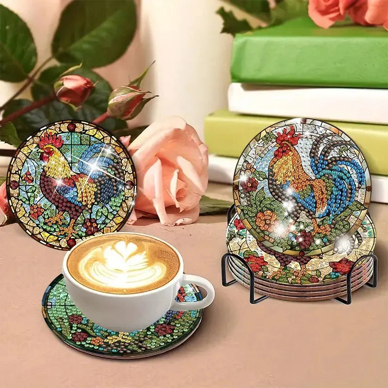8 Piece Chicken Pattern Diamond Painting Coaster Set with Stand, Coffee Table Mat, Household Placemat, DIY Art Craft Kit for Beginners, Coasters For Drinks, Elegant Home Decor Gift