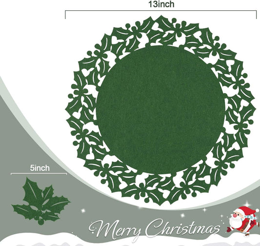 Noctiflorous Round Felt Placemats with Coasters Set of 6 Diameter 13 inch Non Slip Place Mats Heat Resistant Durable Tablemats Fall Table Decorations for Dining Table(Christmas Green, 6)