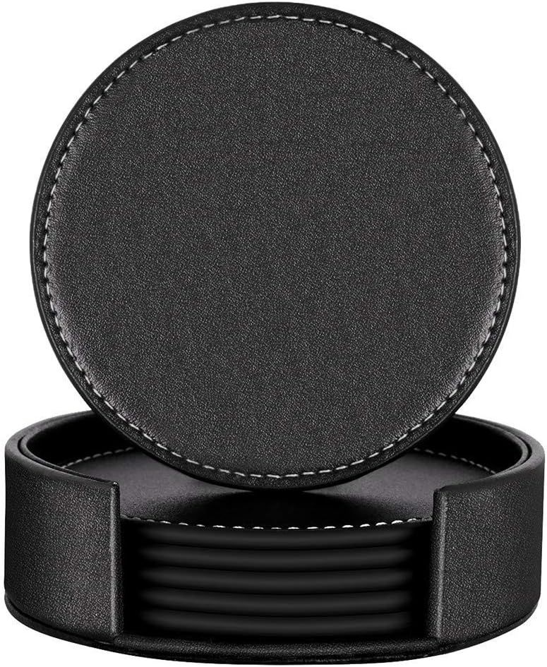 Coasters for Drinks, Thipoten Leather Coasters with Holder, Protect Furniture from Damage(6PCS, Black)