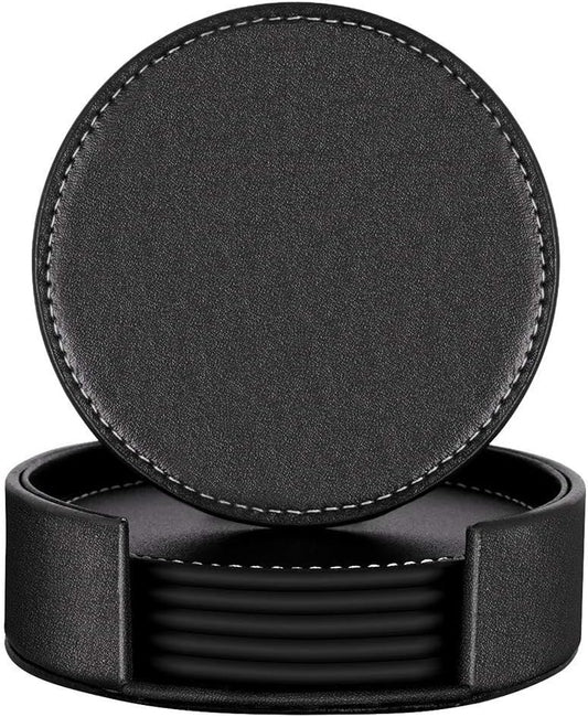 Coasters for Drinks, Thipoten Leather Coasters with Holder, Protect Furniture from Damage(6PCS, Black)