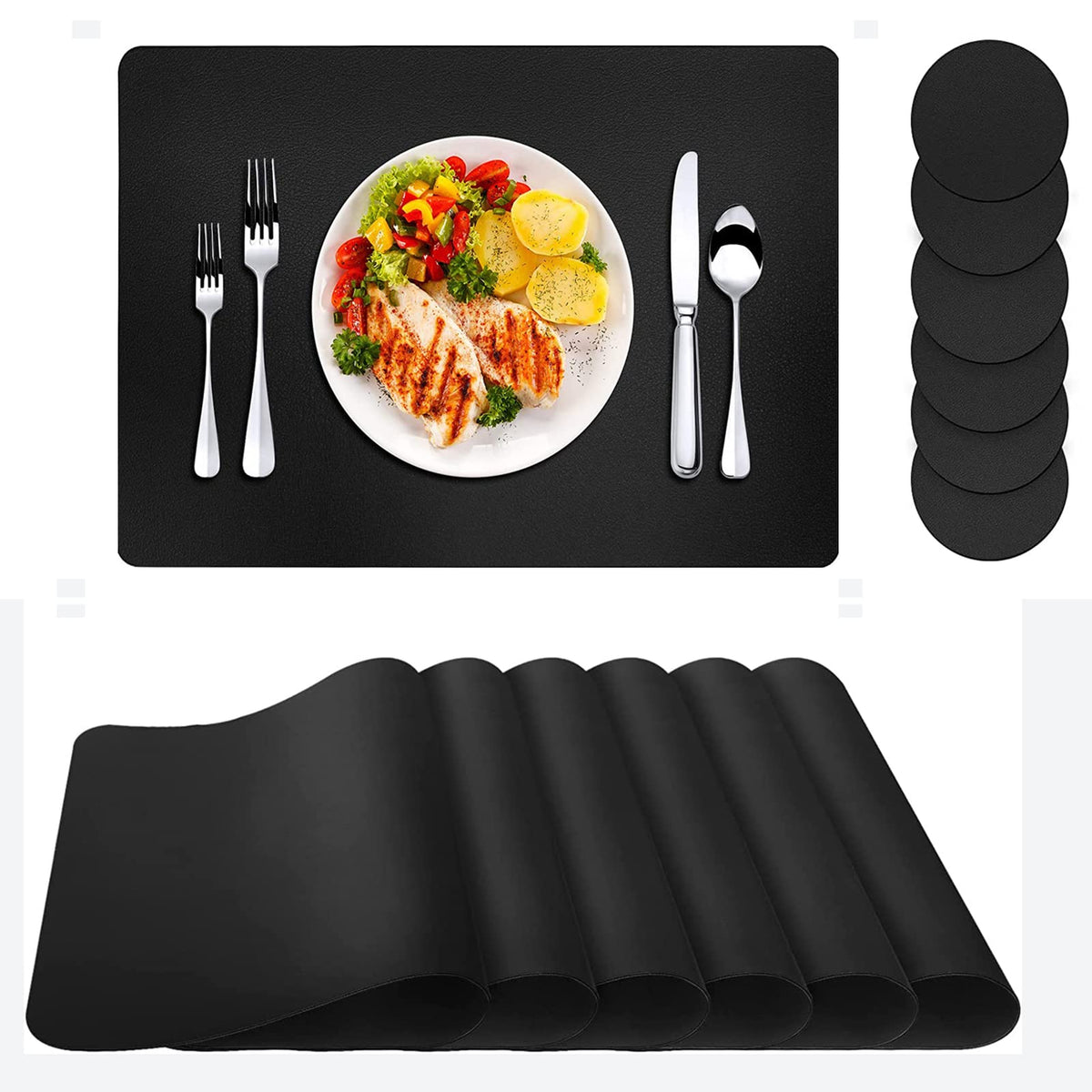 Placemats Set of 6, Faux Leather Place Mats with Coasters, Waterproof, Stain Resistant, Heat Resistant, Easy to Clean PU Table Mats for Dining Table and Decor (Set of 6, Rectangle Cream White)