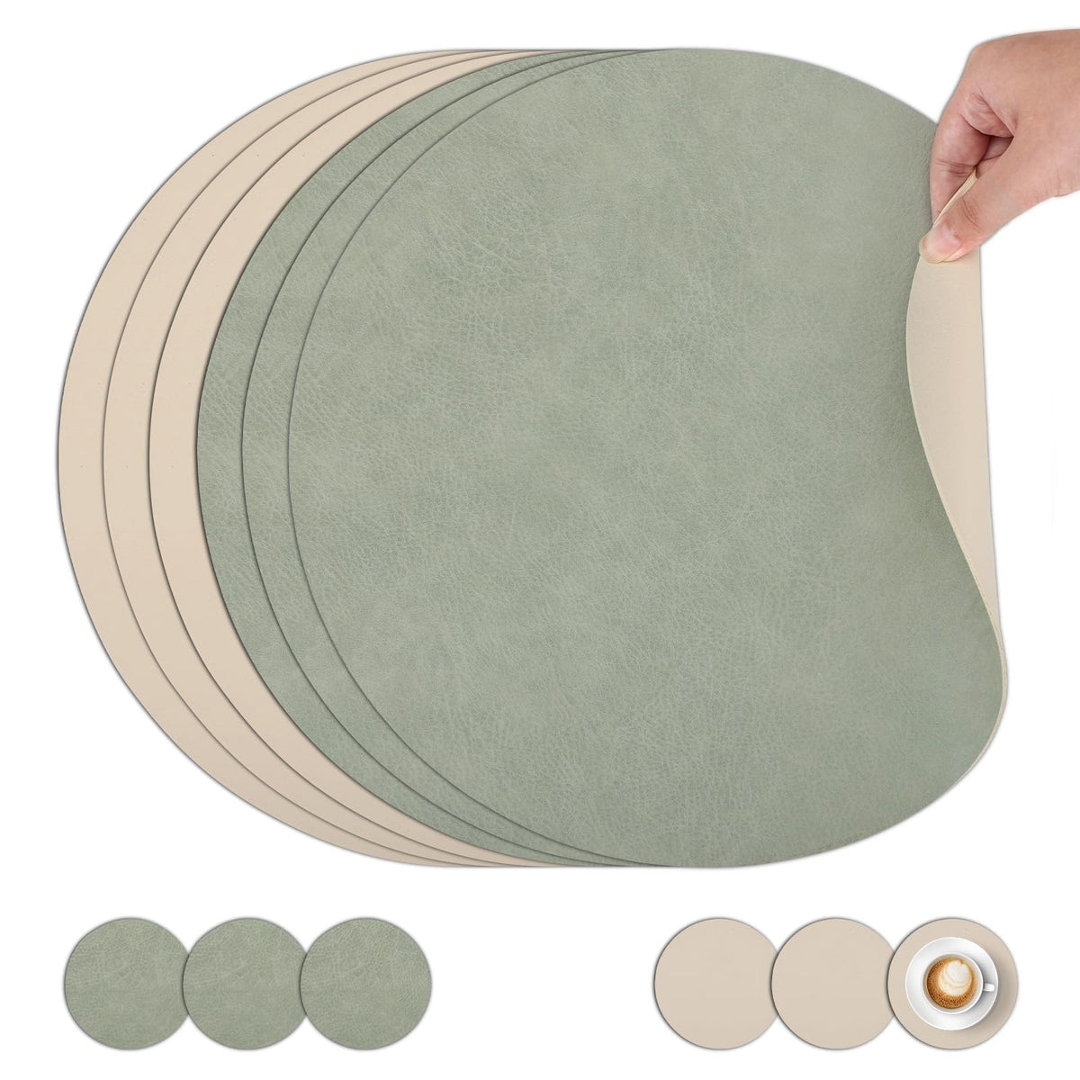 comfoyar Faux Leather Round Placemats with Coasters Set of 6, 13Inch Heat Resistant Dual-Sided Dark Brown Place Mats, Waterproof Washable Wipeable Table Mats for Kitchen Dining Party Table Decoration